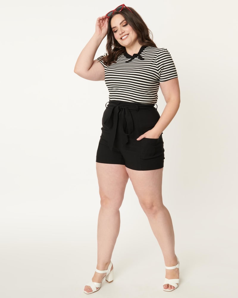 Front of a model wearing a size 3X Unique Vintage Black High Waist Tied & True Shorts in Black by Unique Vintage. | dia_product_style_image_id:288882